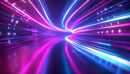 Futuristic neon tunnel with dynamic light trails in vibrant pink and blue colors creating a high-speed motion effect perfect for technology, innovation, or digital transformation concepts.