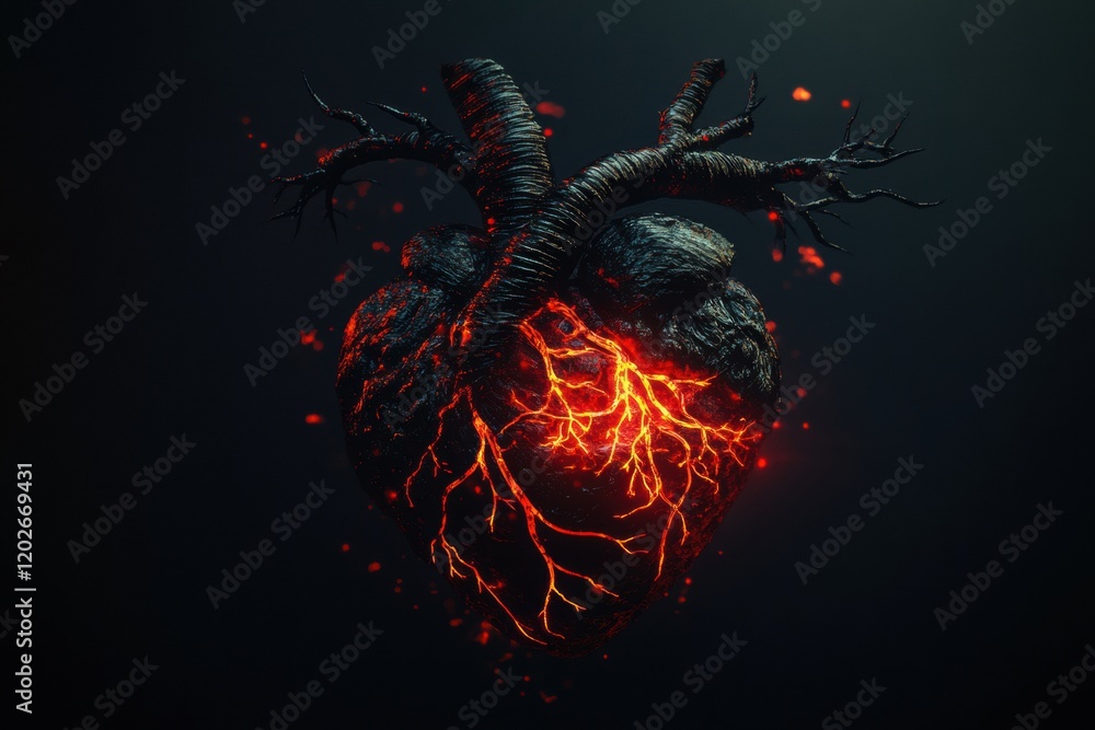 Fototapete Artistic representation of a heart with fiery elements and twisted branches in a dark setting. Generative AI