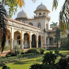 Magnificent Mughal Architecture: An ornate, sandstone mansion with intricate details, surrounded by lush gardens.