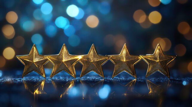 Five gold stars on a dark background with blue bokeh lights, symbolizing top rating, quality, or excellence.
