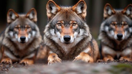 Fototapeta premium Three wolves resting in a dark forest. Wildlife photography for nature documentaries