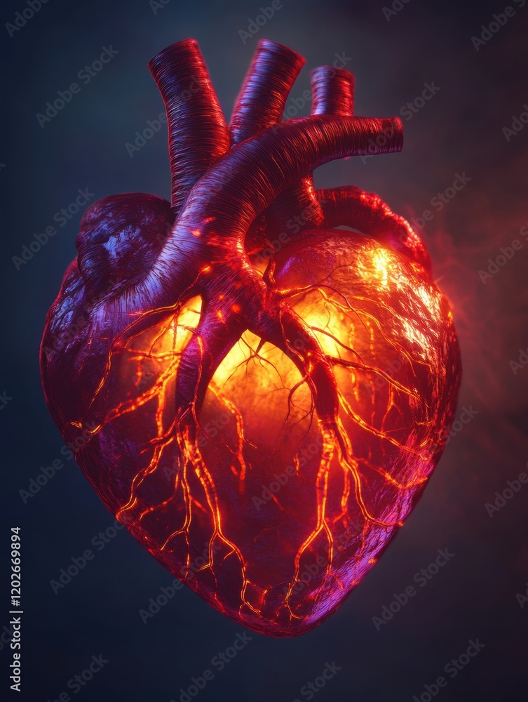 Aufkleber heart with glowing veins illustrating vitality and life force in a dark atmosphere. generative ai