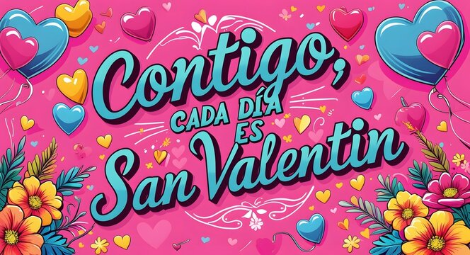 Tarjeta para el d&iacute;a de los enamorados con la frase : "Contigo, cada d&iacute;a es San Valent&iacute;n" en letras azules, juvenil y divertido, flores amarillas y corazones de colores. Concepto d&iacute;a de San Valent&iacute;n.