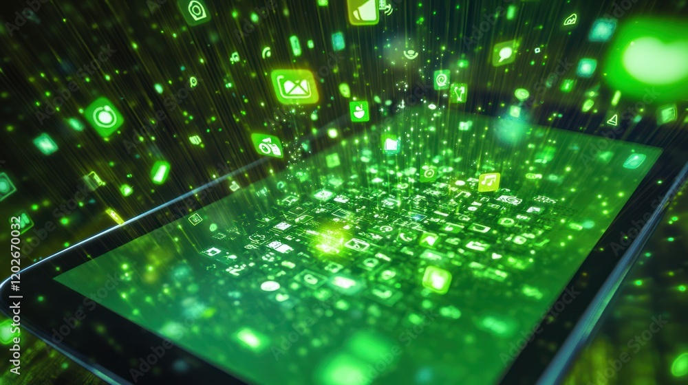 Poster digital tablet with floating green application icons and bright connecting lines on a dark backgroun