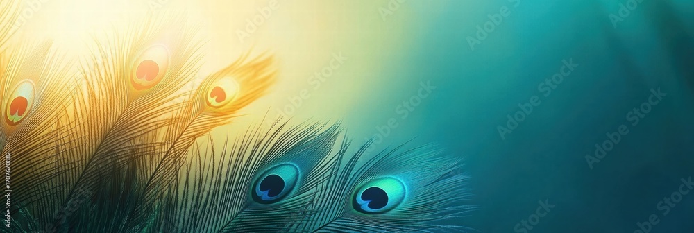 Poster colorful peacock feathers displaying their vivid patterns against a soft gradient background during 