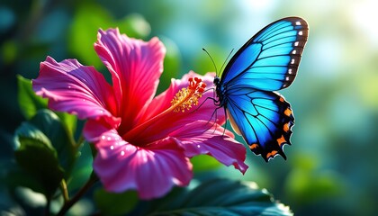 Vibrant Blue Morpho Butterfly on a Pink Hibiscus Flower: A Serene Nature Scene