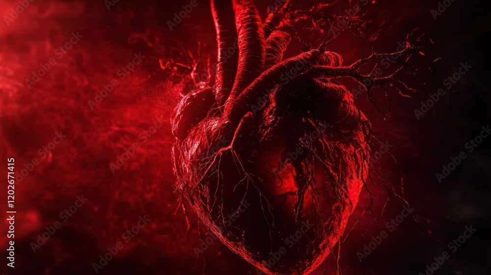Aufkleber digital art depicting a realistic human heart surrounded by dark red environment and eerie atmospher