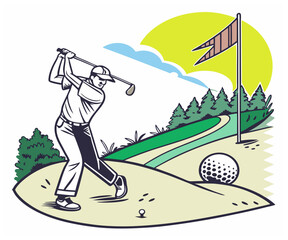 Golf. Vector modern illustration of golf game, golfer, ball with club and hole, golf course for poster, flyer, invitation, ticket or background