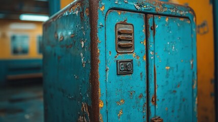 Rusted blue subway locker, station platform, train blurred