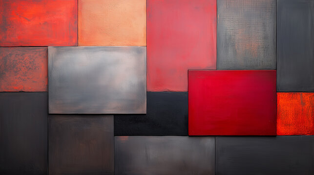 Abstract wall art with red and gray panels creating modern aesthetic.