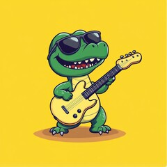 Obraz premium Cool dinosaur playing bass guitar on yellow background; fun illustration for kids' music