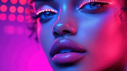 Fototapeta premium Close-up of a woman's face with vibrant makeup under neon lights.