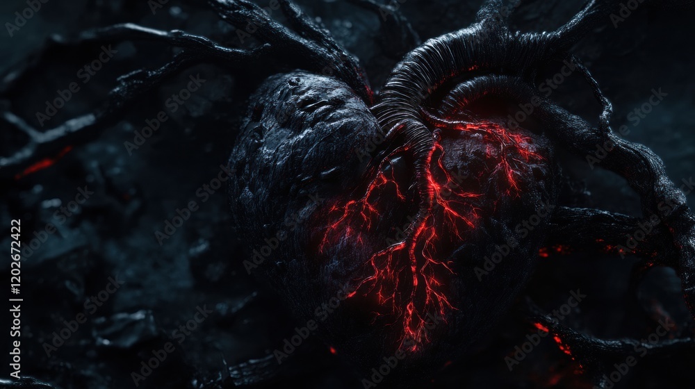 Leinwandbilder heart shaped dark object pulsating with fiery veins amidst shadowy surroundings. generative ai