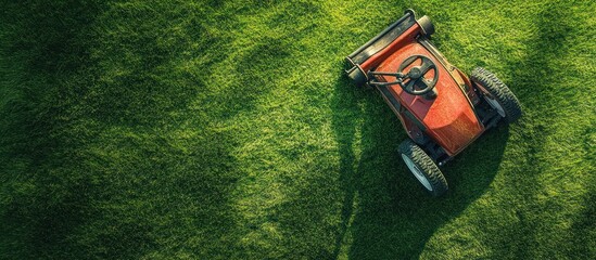 Lawn mower on green grass, sunny day