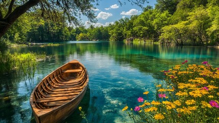 Obraz premium A serene wooden boat floating on a crystal-clear spring lake, framed by lush green trees and colorful wildflowers.