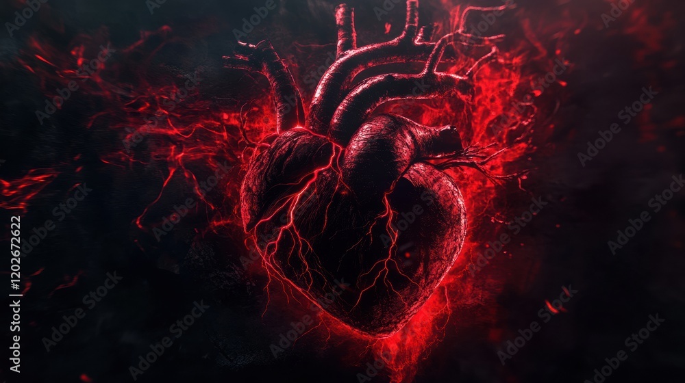 Poster red heart with veins glowing against a dark background representing love and passion in bold design.