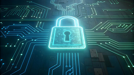 Digital Unlock Symbol Over Circuit Board Background with Neon Glow