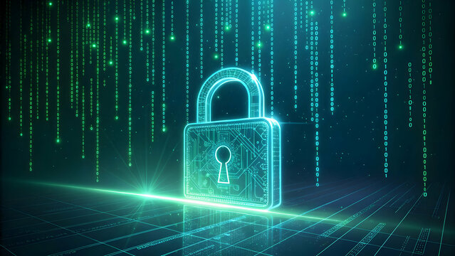 Digital Security Lock with Binary Code in Futuristic Green Background