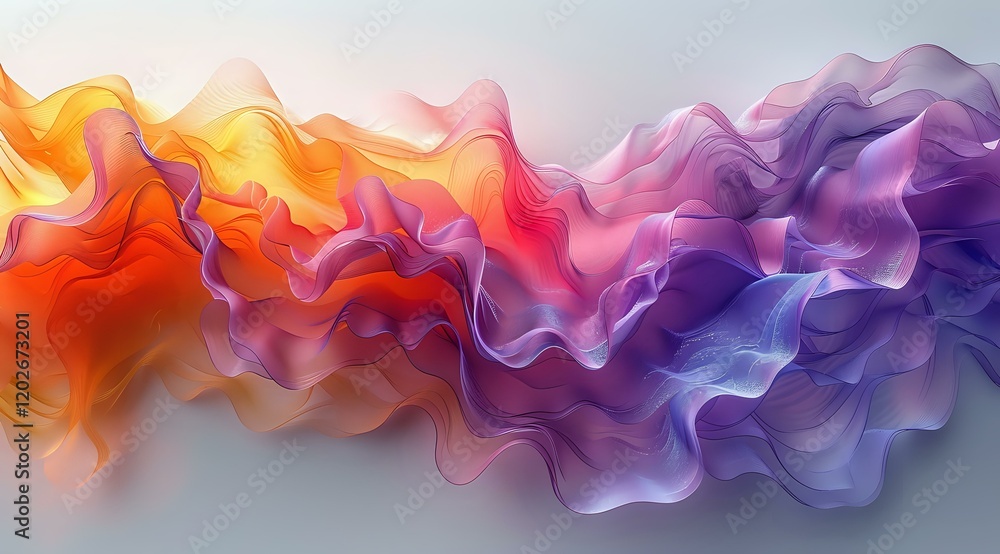 Poster abstract fluid art with vibrant flowing waves transitioning from warm orange and red tones to cool p