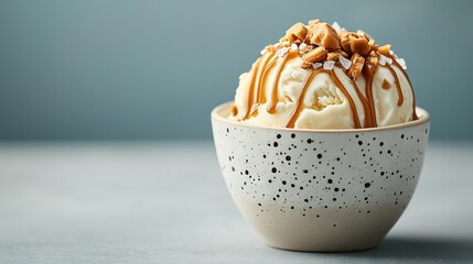   A close-up photo of a scoop of creamy ice cream adorned with a glistening caramel sauce and topped with crunchy, delectable nuts