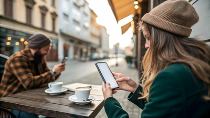 Young People Using Smartphones at an Outdoor Café Setting