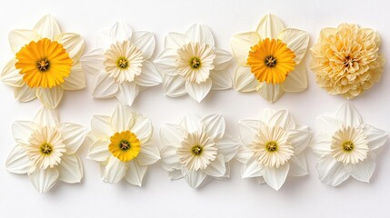 Obraz premium Daffodil flower heads arranged in a neat two-row grid pattern on a clean white background.