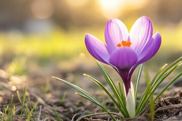 Naklejka premium A vibrant purple crocus blooms in sunlight. Perfect for spring themes, nature, or rebirth imagery.
