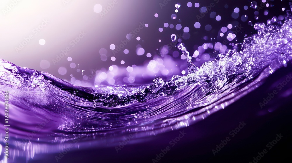 Poster close-up of purple water wave with splashes and bokeh lights.