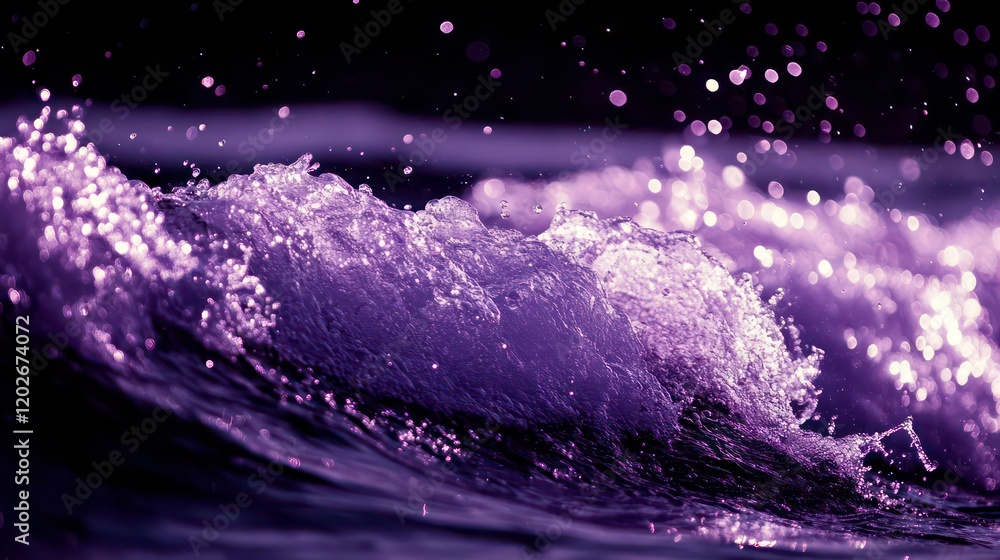 Poster close-up of purple ocean wave with splashes and bokeh.