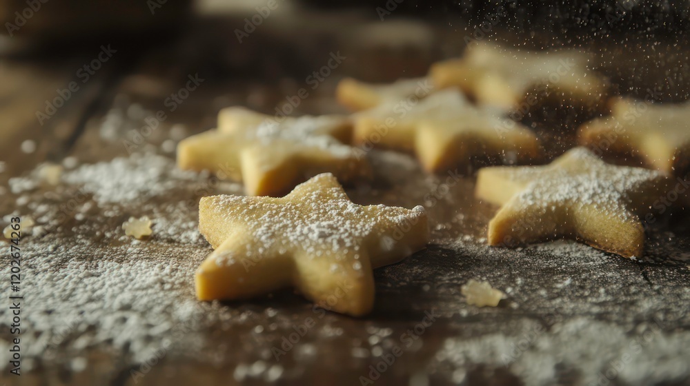 Poster delicious star-shaped shortbread cookies dusted with powdered sugar on a rustic wooden surface.