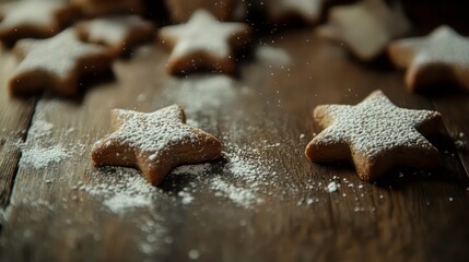 Star-shaped cookies dusted with powdered sugar on a rustic wooden surface.