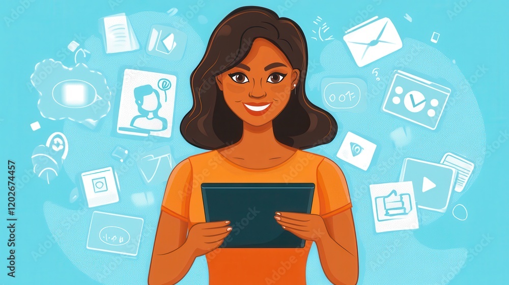 Aufkleber engaging woman using tablet surrounded by colorful icons representing digital content and technology