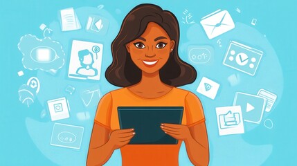 Engaging Woman Using Tablet Surrounded by Colorful Icons Representing Digital Content and Technology in a Vibrant and Modern Setting