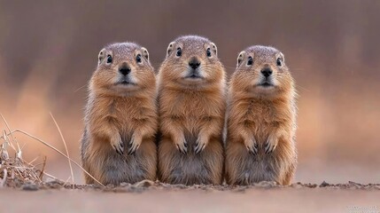 Fototapeta premium Three adorable ground squirrels posing outdoors at sunset; wildlife photography for nature blogs or calendars