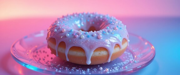 Glazed Donut with Sprinkles Pink Blue Background