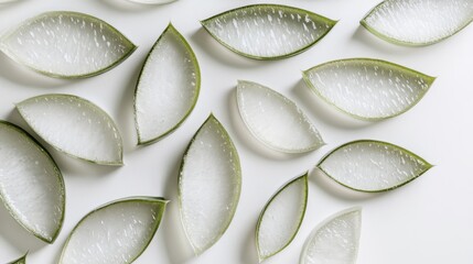 108.A clean and detailed arrangement of aloe vera slices, with each piece showcasing its natural gel. The background remains a bright white, drawing focus to the skincare-related textures of the aloe.