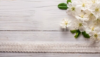 White wooden background with white spring flowers and lace ribbon