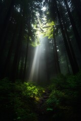 Obraz premium Sunbeam in misty forest path