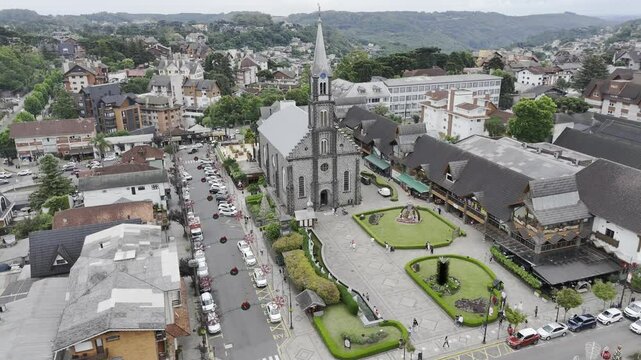 Drone does 360 around Saint Peter's Parish with Christmas decorations in Gramado, Rio Grande do Sul, Brazil