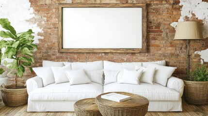 Rustic living room with white sofa, wooden frame, and plants.