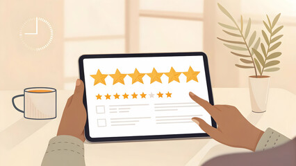 User Rating with Five Star Review on Tablet in Modern Workspace
