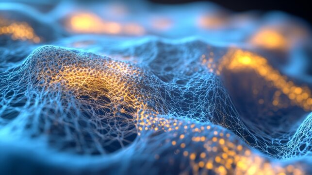 30.A conceptual 3D image of a magnified skin layer with collagen and elastin fibers visualized in intricate detail. The fibers glow softly, representing their vital role in maintaining skin firmness