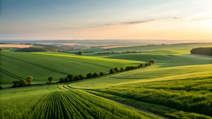 Fototapeta premium Scenic Rolling Hills Landscape with Lush Green Fields at Sunset