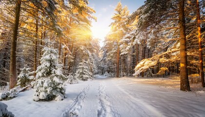 serene winter forest path snow covered pines golden sunlight tranquil landscape