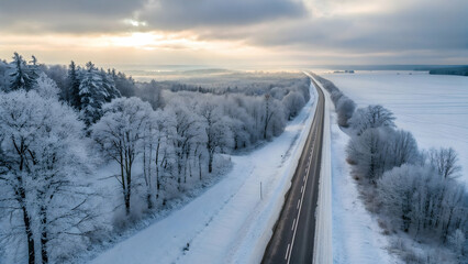 Fototapeta premium Tranquil Winter Landscape with Frosty Trees and Open Road Ahead
