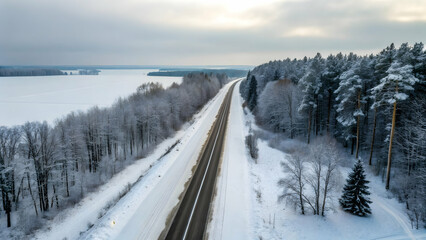 Snowy Landscape with Road and Forest near Frozen Lake in Winter
