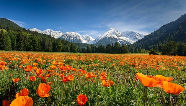 vibrant orange poppies field with majestic snow capped mountains and lush forests in background breathtaking landscape photography