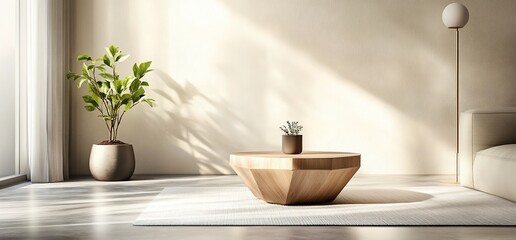 Sunlit living room, wooden coffee table, plant, minimalist decor