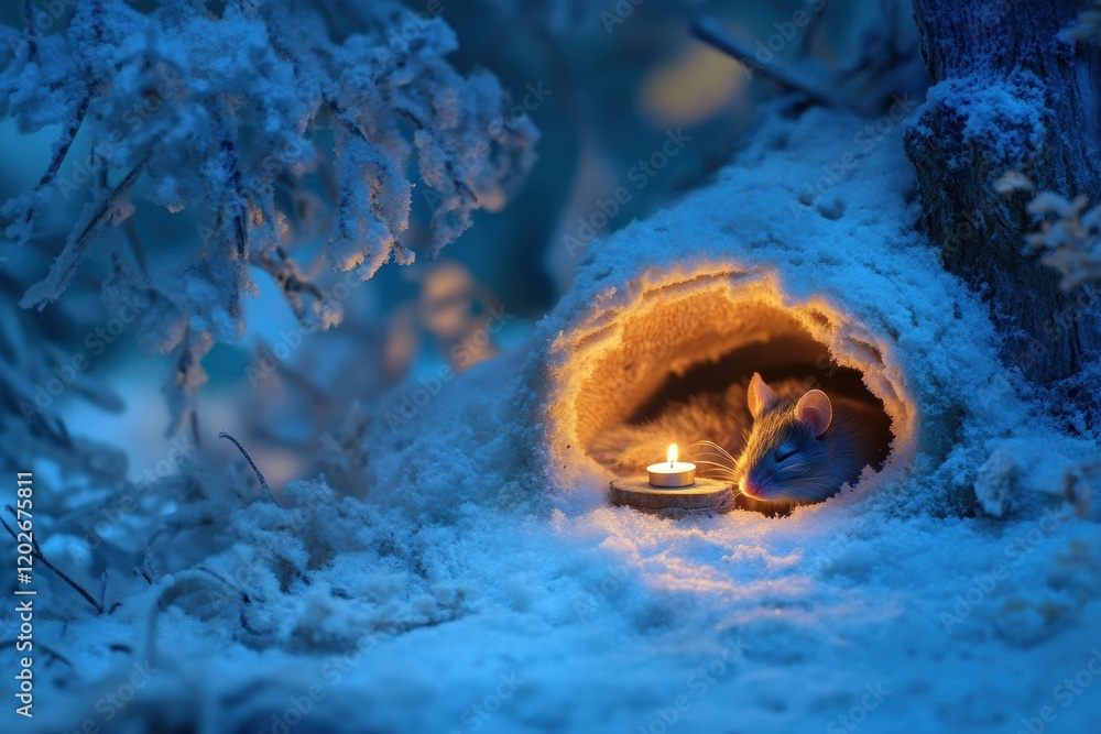 Aufkleber mouse resting in a cozy burrow adorned with a flickering candle in a snowy forest setting during twi