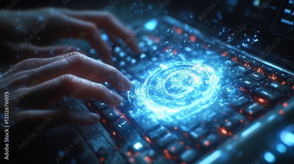 Poster hands typing on keyboard with holographic shield effect